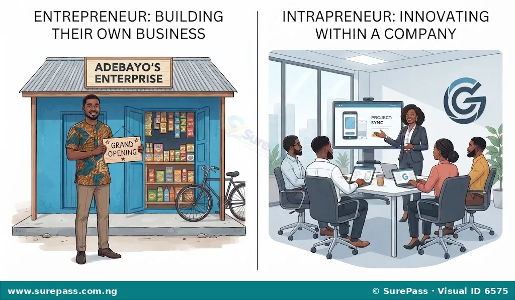 Comparison of an entrepreneur (starting own business) and an intrapreneur (innovating within a company).