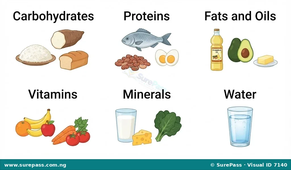 Diagram showing six classes of food nutrients: Carbohydrates (represented by rice, yam), Proteins (represented by fish, beans), Fats and Oils (represented by groundnut oil, avocado), Vitamins (represented by fruits, vegetables), Minerals (represented by milk, leafy greens), and Water (represented by a glass of water).