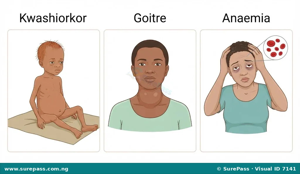 Illustration showing three common nutrient deficiency disorders: Kwashiorkor (child with swollen belly), Goitre (person with swollen neck), and Anaemia (pale, tired person).