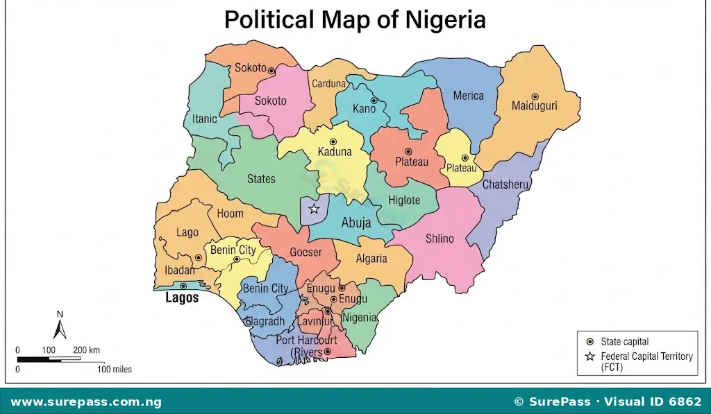 A political map of Nigeria showing its states and capitals.