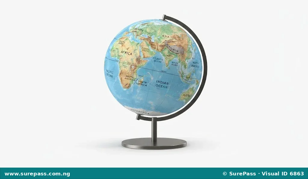 A physical globe showing the Earth's continents and oceans.