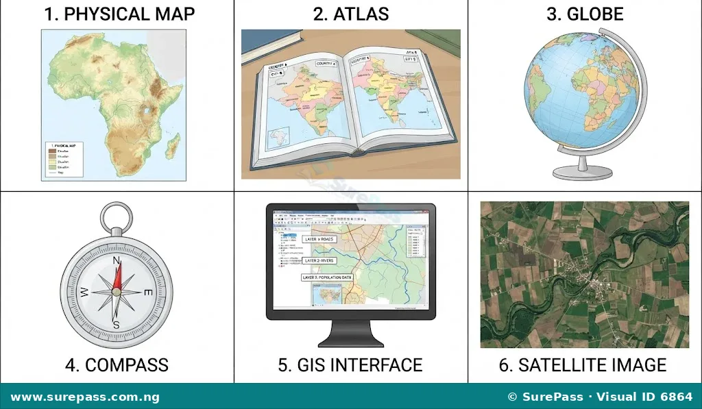A collage of geographic tools including a map, atlas, globe, compass, GIS interface, and a satellite image.