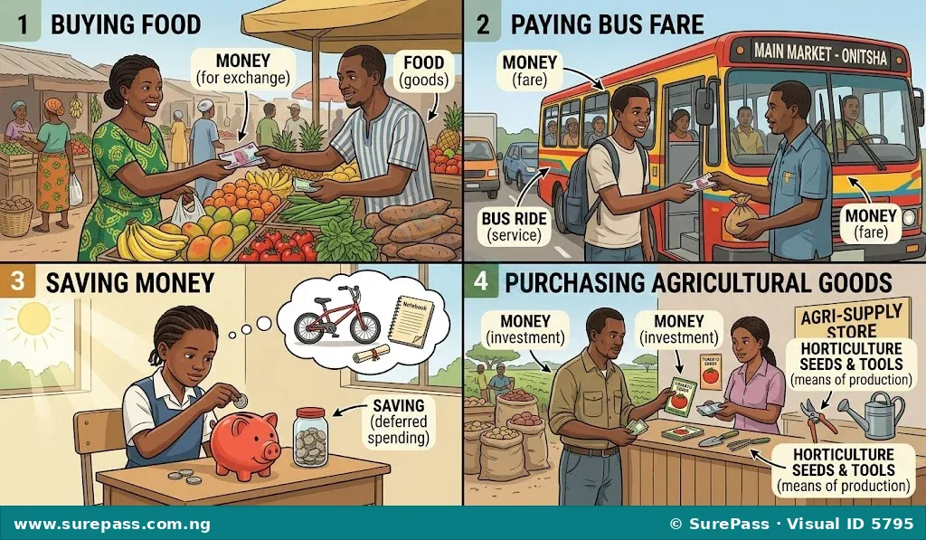 A collage illustrating the uses of money, showing people buying food, paying for transport, saving money, and a farmer purchasing items for horticulture.