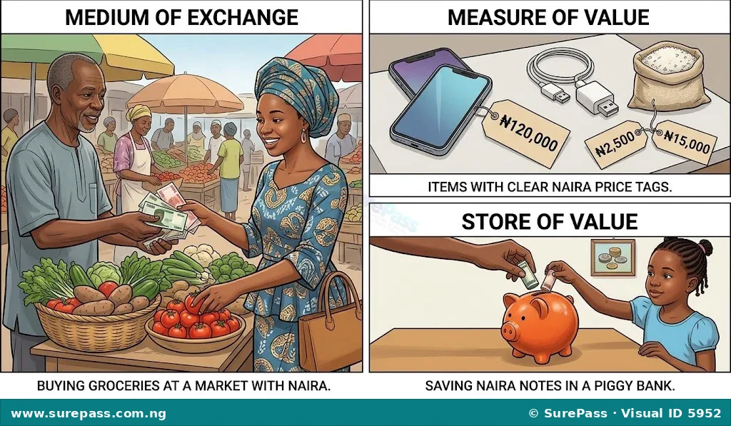 An illustration showing the various uses of money, including buying items, pricing goods, and saving money in a piggy bank.