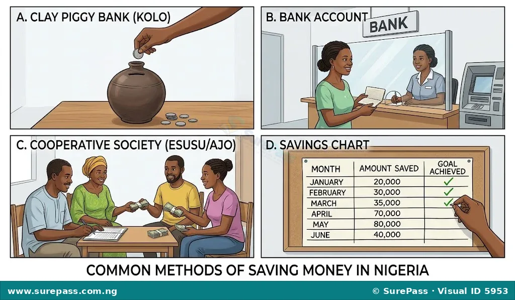 An illustration of various saving methods, including a piggy bank, a bank account, a cooperative society, and a savings chart.