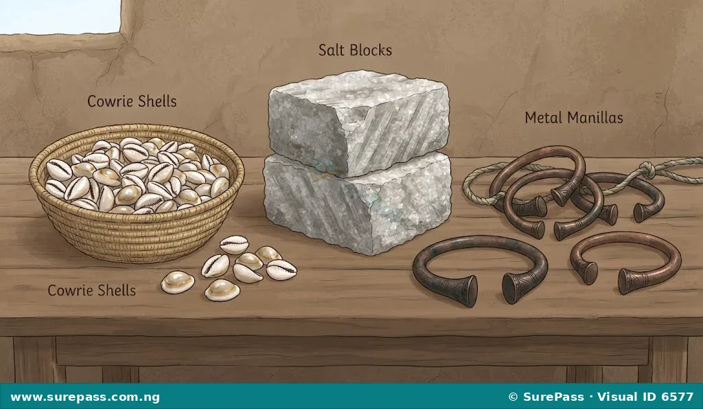 Illustration of historical commodity money including cowrie shells, salt blocks, and metal manillas.