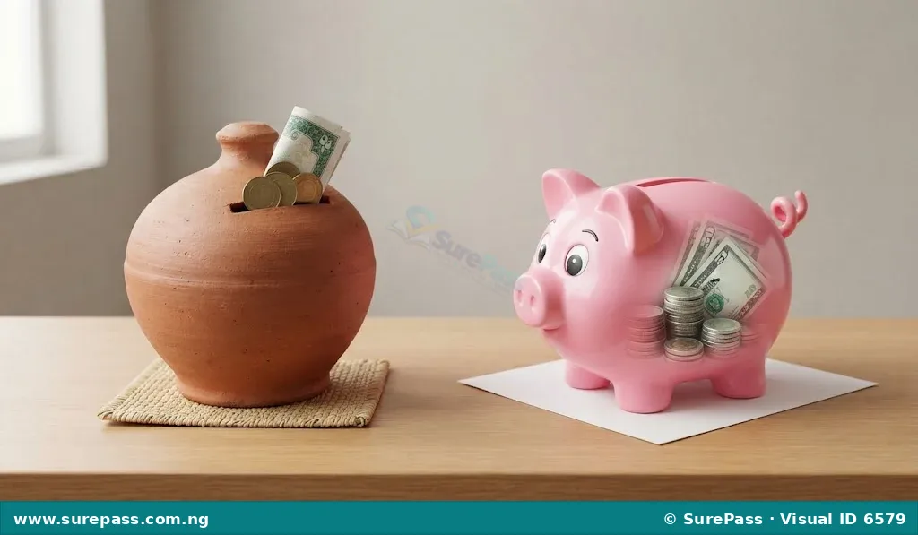 A traditional Nigerian clay piggy bank (kolo) and a modern plastic pig-shaped piggy bank.