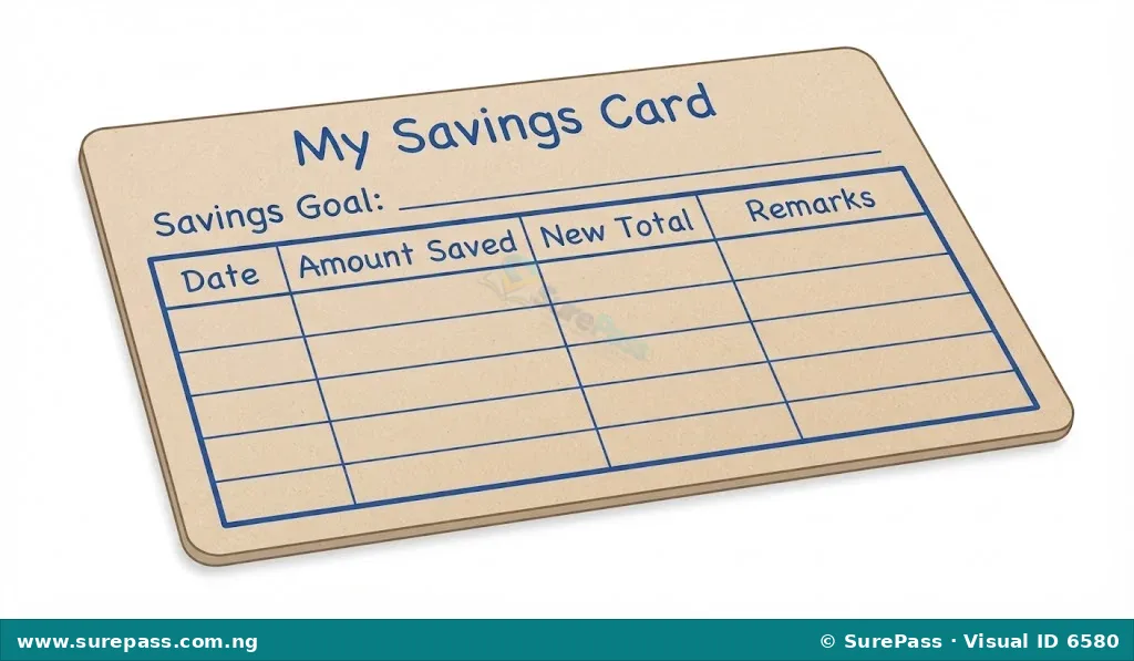 A handmade savings card with sections for savings goal and a table to record date, amount saved, and new total.
