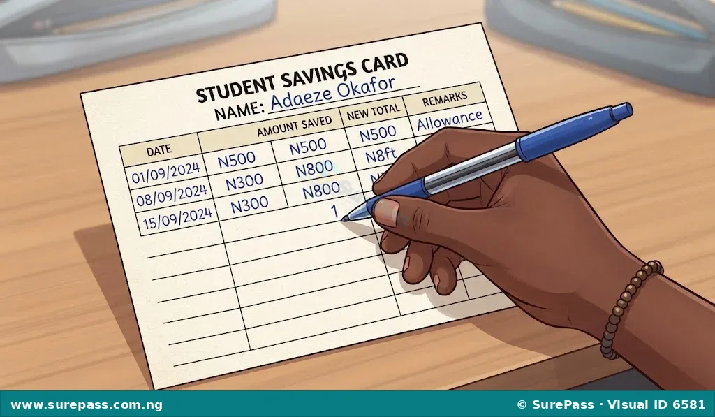A hand writing entries on a savings card, demonstrating how to record savings with date, amount, and new total.
