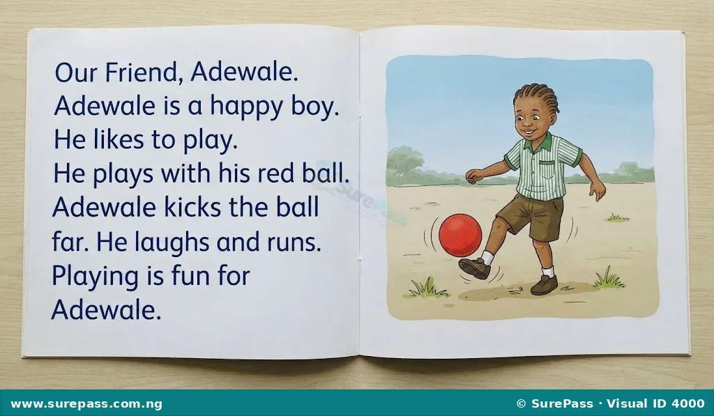 A book page showing a block of text on one side and a colourful picture of a child playing on the other.