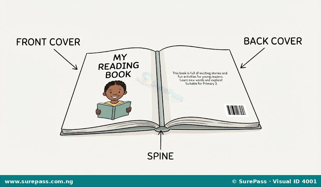 An open book with labels pointing to its front cover, back cover, and spine.