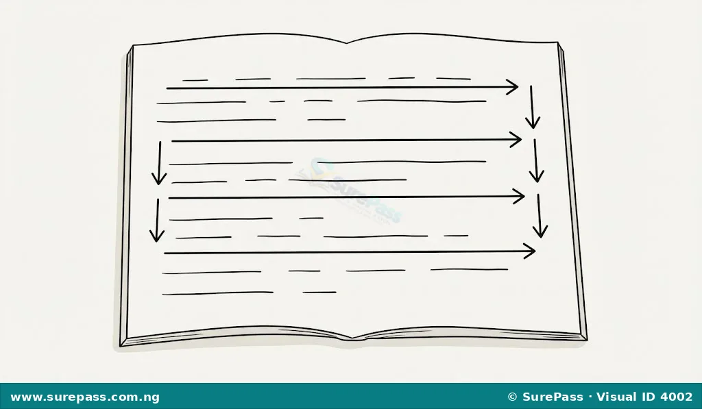 A book page with text and arrows showing reading direction from left to right and top to bottom.