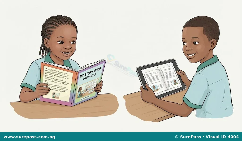 A child reading a physical print book next to another child reading an e-book on a tablet.