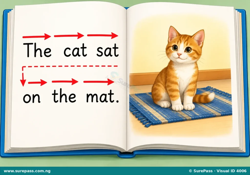 A page with a sentence "The cat sat on the mat." Arrows show reading direction from left to right, then down to the next line.