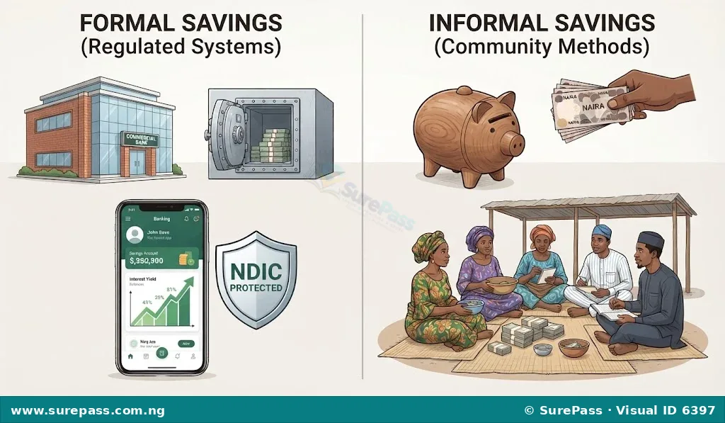 A visual comparison between formal savings (regulated banks, digital apps) and informal savings (wooden kolo, community Esusu group).