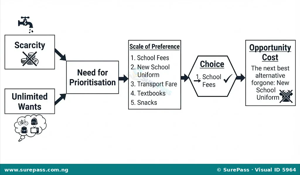 Flow diagram showing how scarcity and unlimited wants lead to a need for prioritisation, which creates a scale of preference, leading to a choice, and resulting in an opportunity cost.