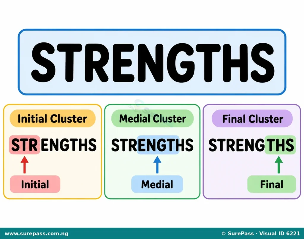 Diagram showing the word "STRENGTHS" with its initial, medial, and final consonant clusters highlighted.