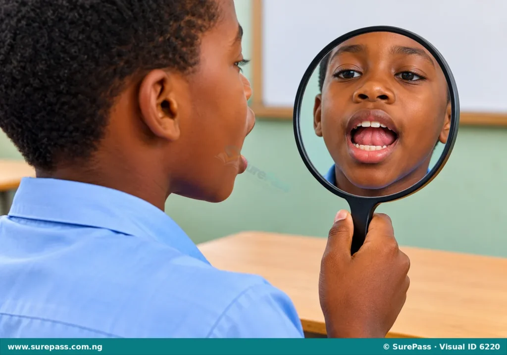 A person looking into a mirror to observe their mouth while speaking.