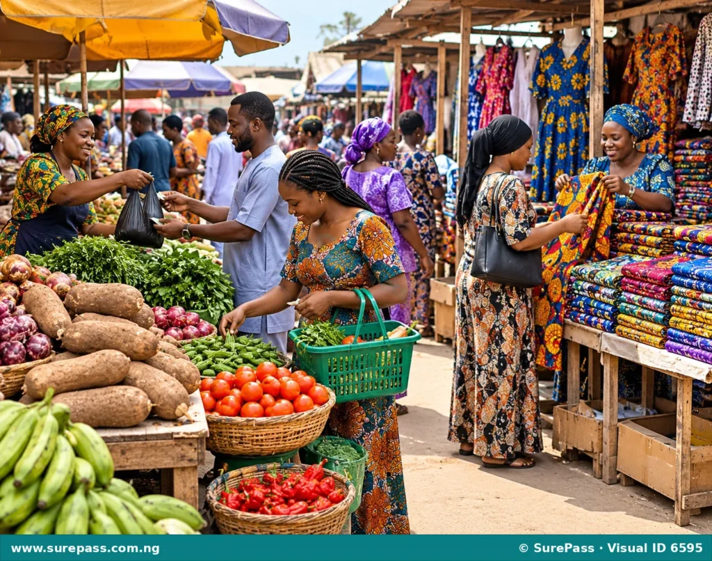Diverse people buying goods in a busy Nigerian market.