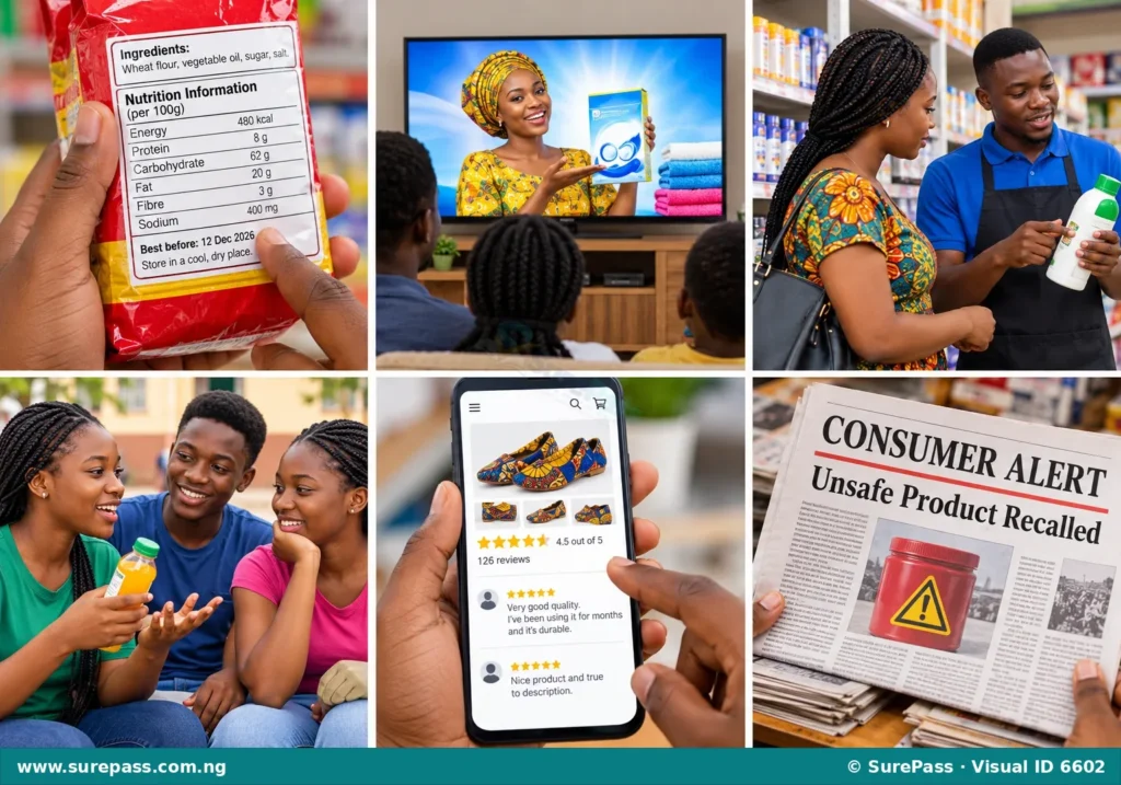 A collage illustrating different sources of consumer information like product labels, advertisements, salespersons, word-of-mouth, and online reviews.