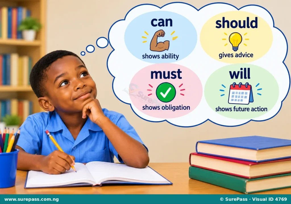 A child thinking about modal auxiliary verbs like can, should, must, and will, with icons showing their meanings.