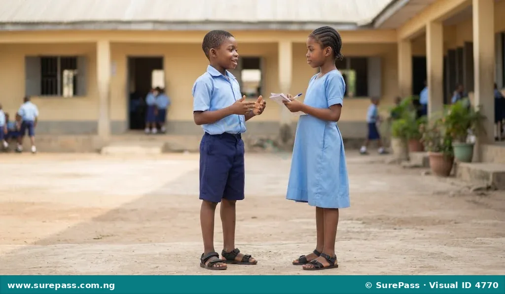 Two Nigerian children politely conversing, showing good listening and speaking manners.