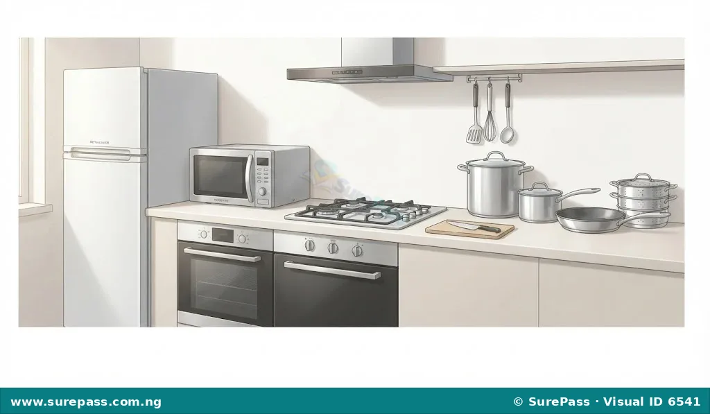 Large and small kitchen cooking equipment including a stove, oven, microwave, refrigerator, and pots.