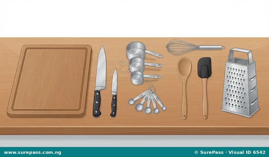 Various kitchen utensils including knives, cutting board, measuring tools, whisk, and grater.