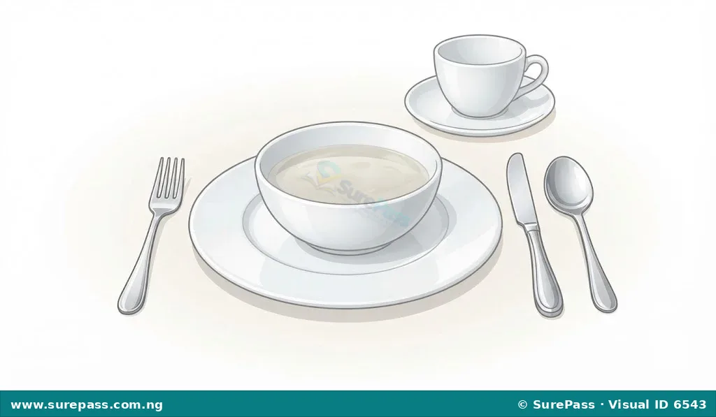 Tableware set including a plate, bowl, cup, saucer, and cutlery.