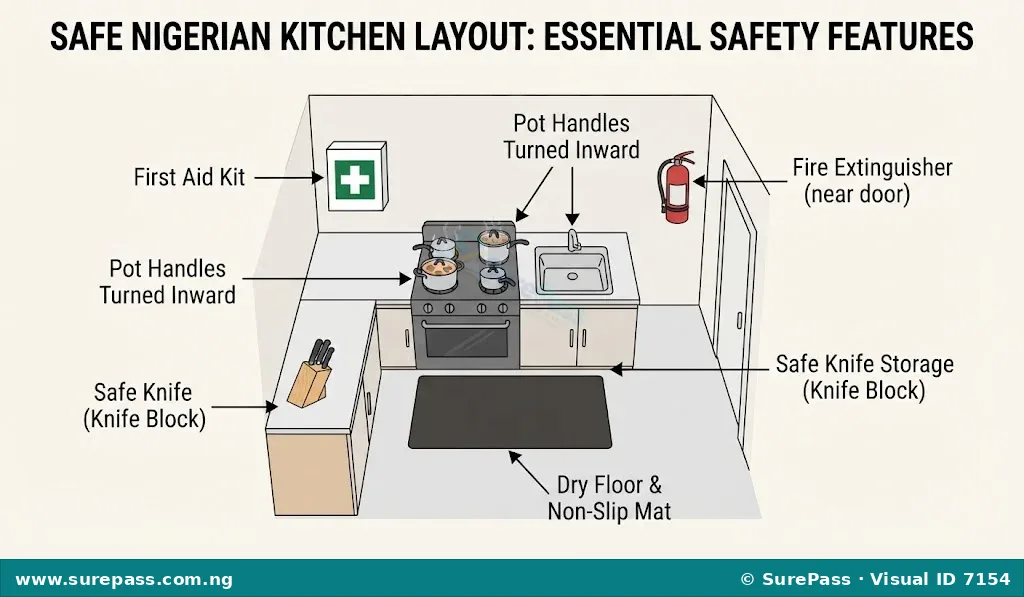 Diagram of a safe kitchen layout showing first aid kit, fire extinguisher, and dry floors.