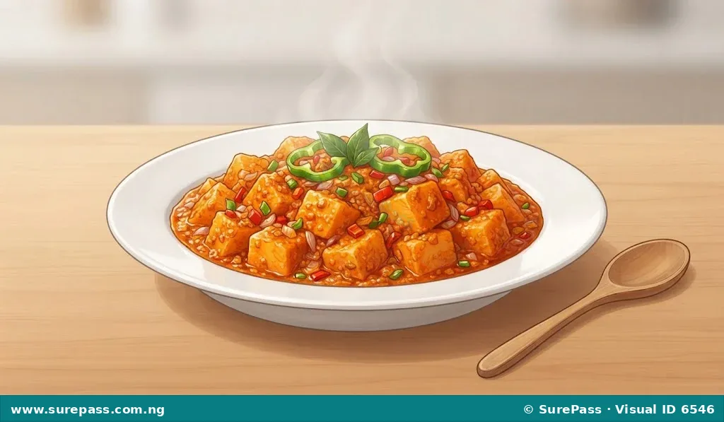 A plate of hot, rich orange-red Nigerian Yam Porridge garnished with herbs.