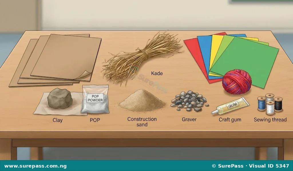 A collection of craft materials including cardboard, gravel, straw, clay, sand, paper, wool, gum, POP powder, and thread.