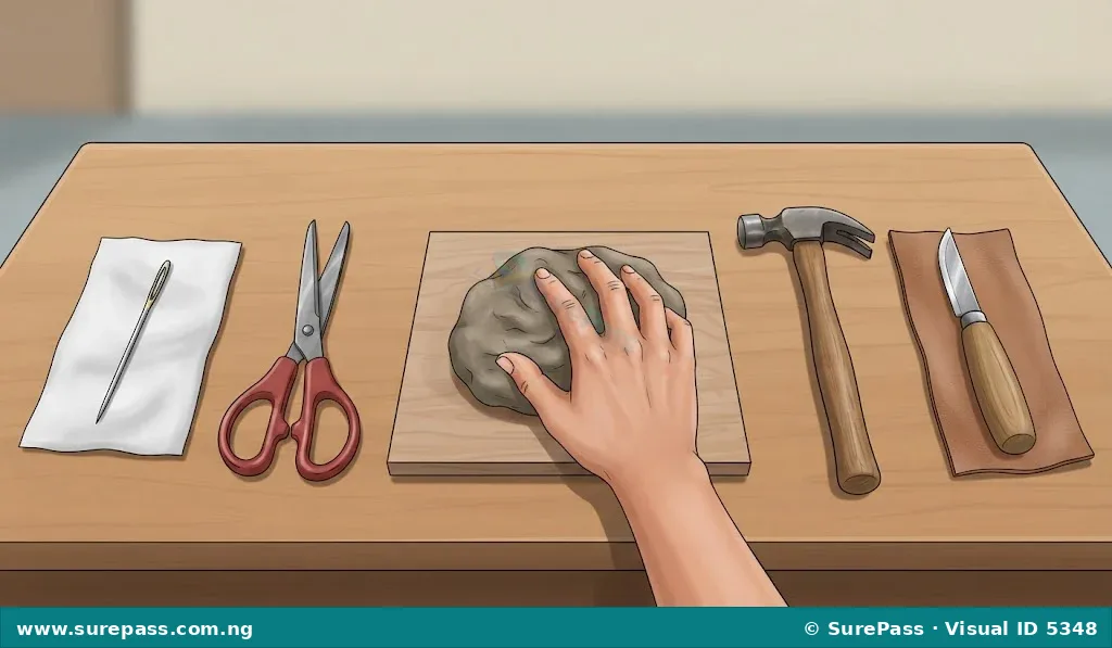 A collection of craft tools including a needle, scissors, a hand shaping clay, a hammer, and a carving knife.
