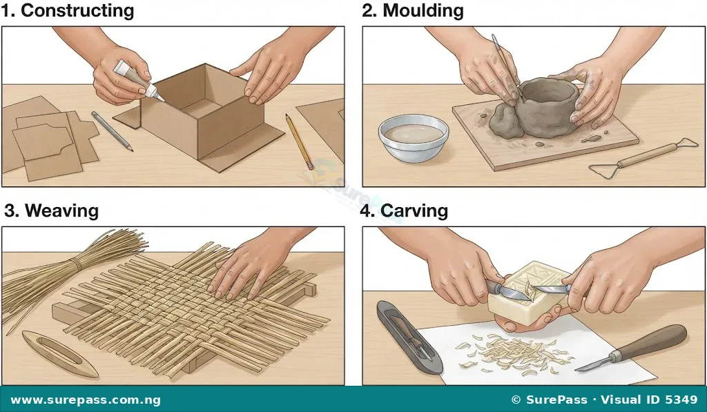 Four panels illustrating craft methods: constructing a paper box, moulding a clay pot, weaving a straw mat, and carving soap.