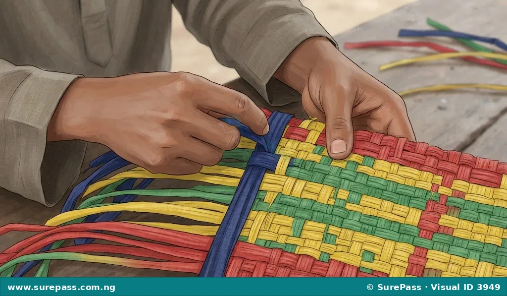 Hands weaving colourful strips of material together.