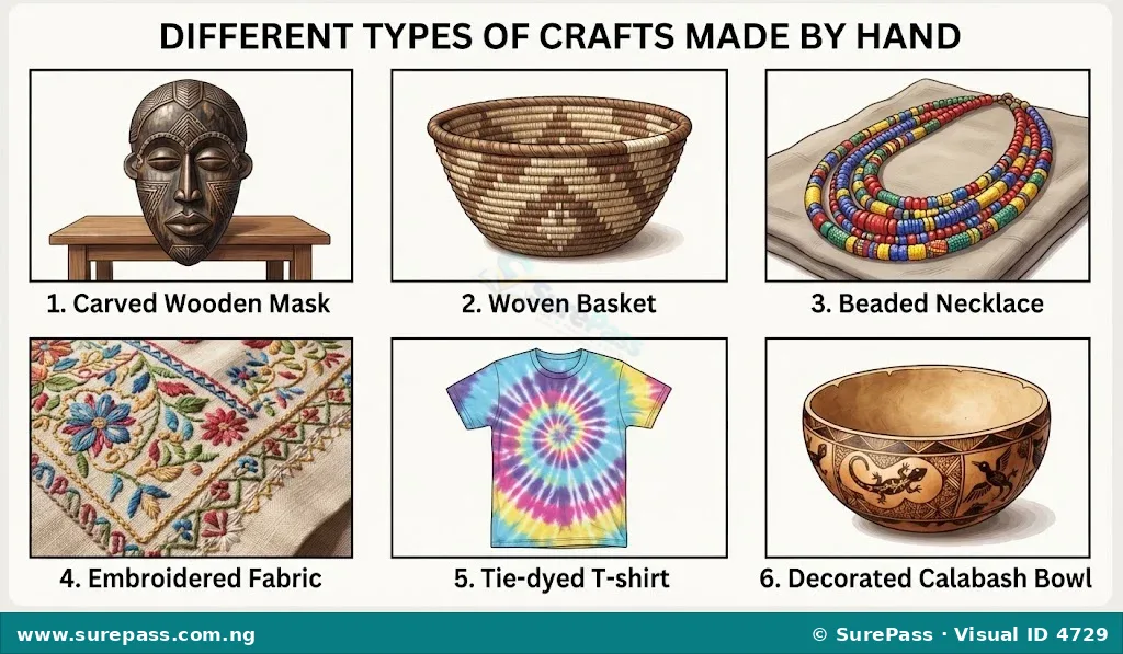A collage of different craft items including a carved mask, woven basket, beaded necklace, embroidered fabric, tie-dyed shirt, and decorated calabash.