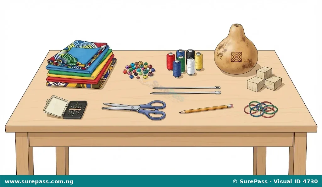A collection of craft materials and tools including fabric, beads, threads, calabash, wood, needles, knitting pins, pencil, scissors, and rubber bands.