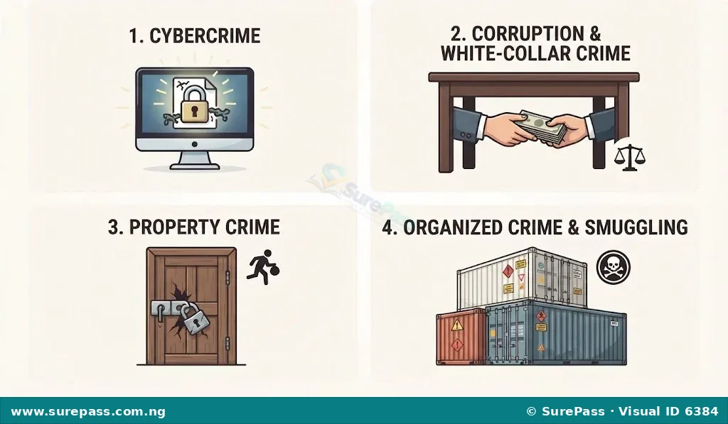 A grid of icons representing different types of crime including cybercrime, property crime, white-collar crime, and organized crime.