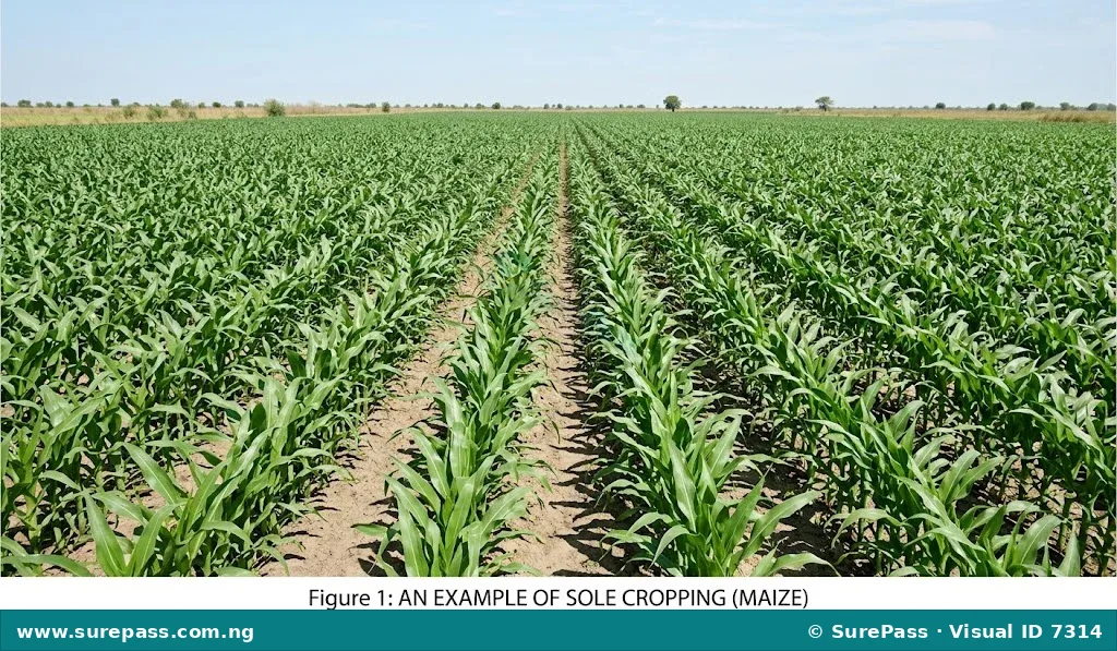 A field showing sole cropping with rows of uniform maize plants.