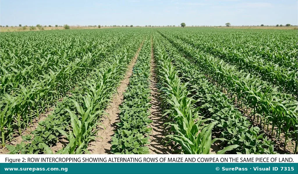 A field demonstrating row intercropping with alternating rows of maize and cowpea.
