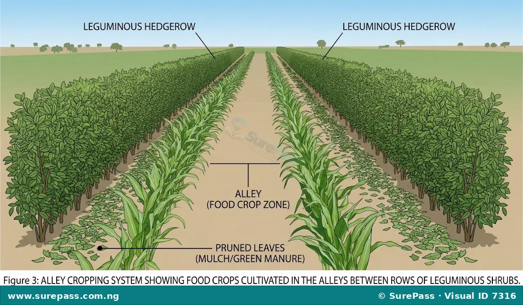 A diagram showing alley cropping with food crops grown between rows of leguminous shrubs.