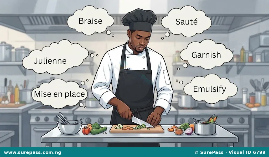 A chef in a kitchen with culinary terms floating around, illustrating the specialised language of cooking.