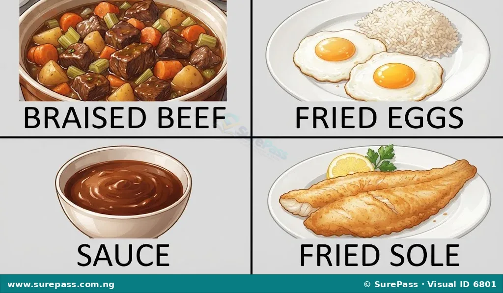 A collage showing examples of braised beef, fried eggs with rice, a bowl of sauce, and fried sole, illustrating culinary terms.