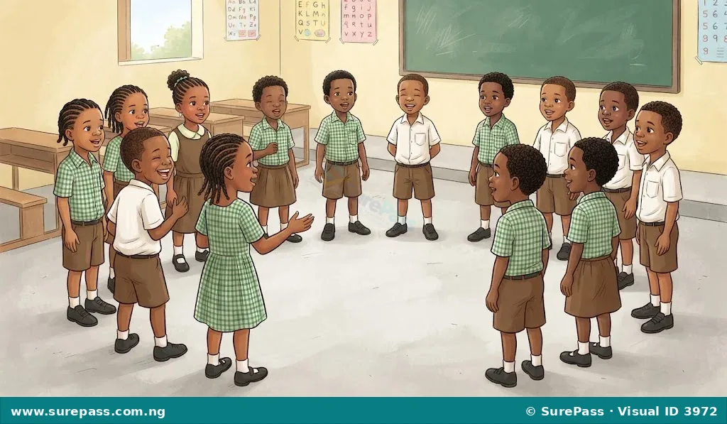 Happy Primary 1 children reciting a rhyme together in a classroom.