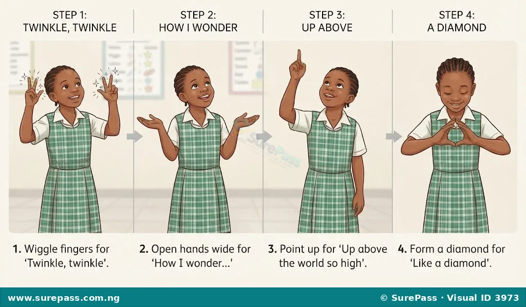 A sequence of four images showing a child performing movements for "Twinkle, Twinkle, Little Star".