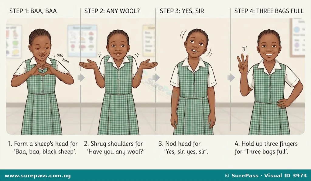 A sequence of four images showing a child performing movements for "Baa, Baa, Black Sheep".