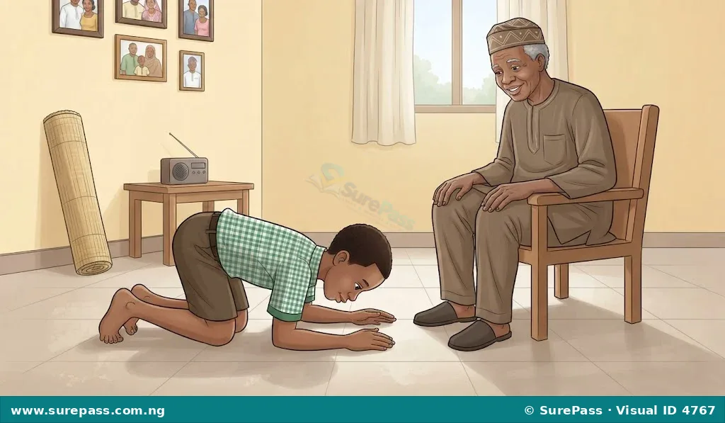 A child prostrating to greet an elder, showing respect.