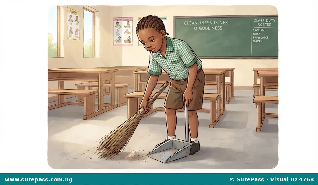A child sweeping a classroom, demonstrating hard work and good manners.