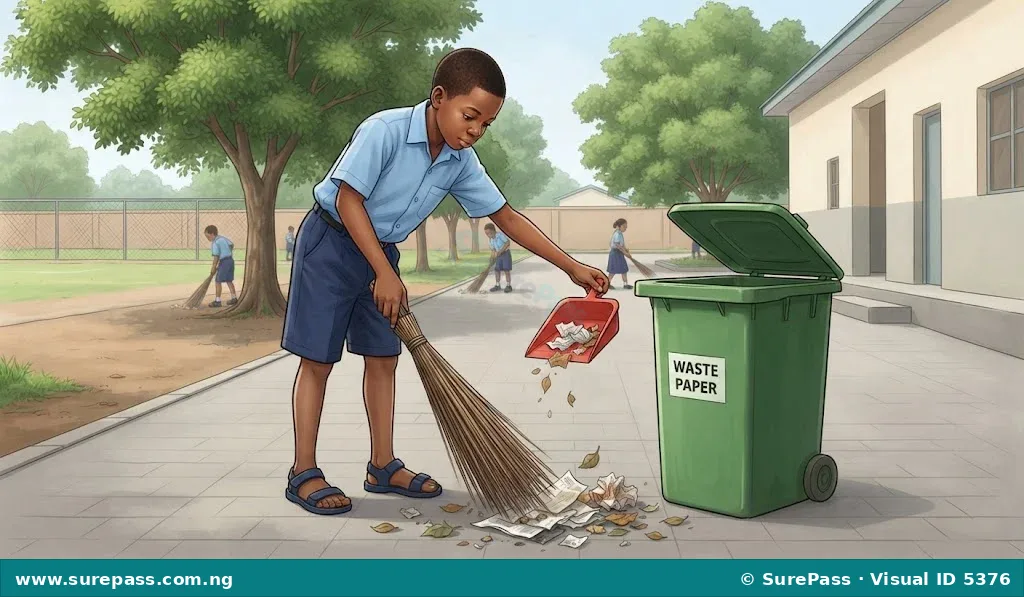 A school child gathering used paper into a dustbin.