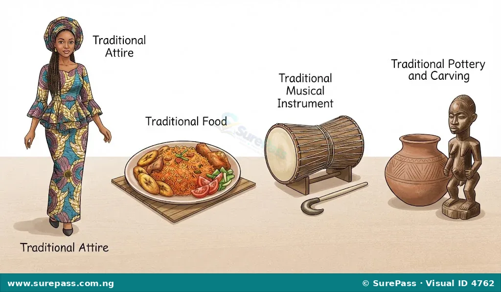 A collection of Nigerian material culture items including traditional attire, food, a talking drum, and pottery.